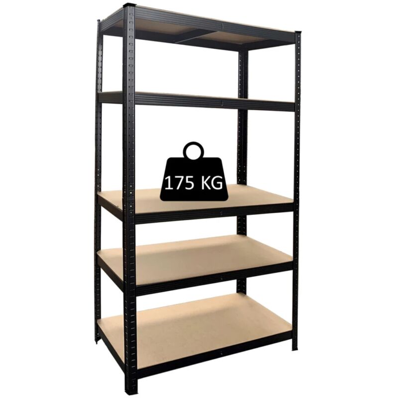 foto del prodotto scaffale 5 ripiani in metallo e legno grima nero portata 175 kg 90x40x180 cm