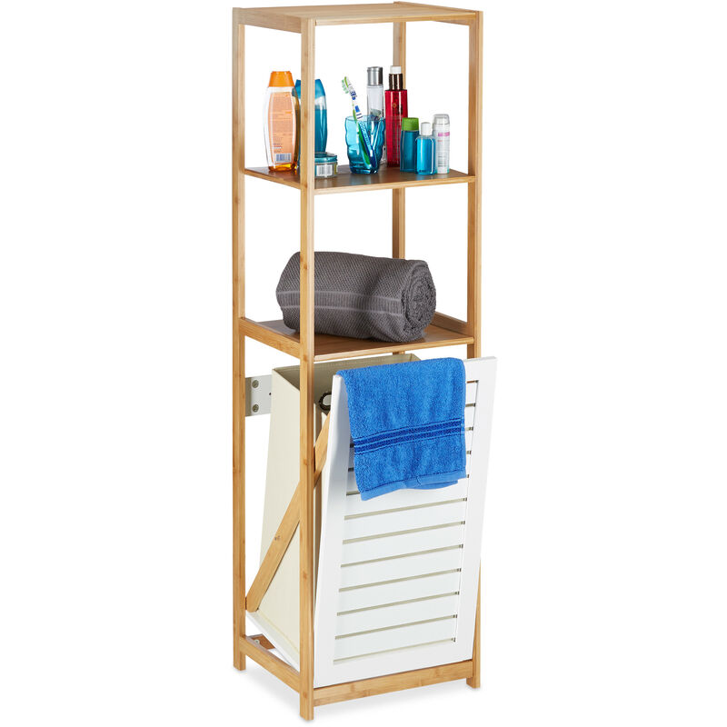 foto del prodotto scaffale a colonna per il bagno con cestino portabiancheria, bamb , 3 ripiani, hxlxp 130 x 37 x 33 cm, marrone relaxdays