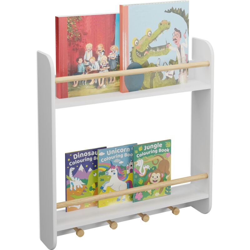 foto del prodotto scaffale a parete per bambini, libreria a muro con 2 ripiani per libri e 4 ganci appendiabiti, 62,5x60x12 cm relaxdays