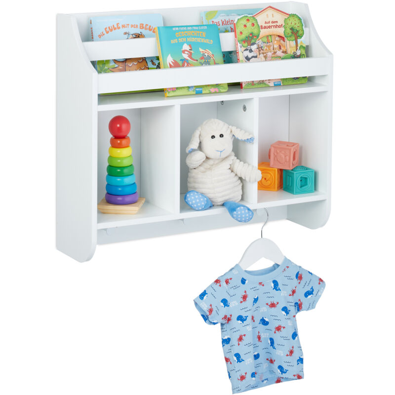 foto del prodotto scaffale a parete per bambini, libreria a muro con 5 ripiani per libri e 3 ganci appendiabiti, 51,5x60x17,5 cm relaxdays