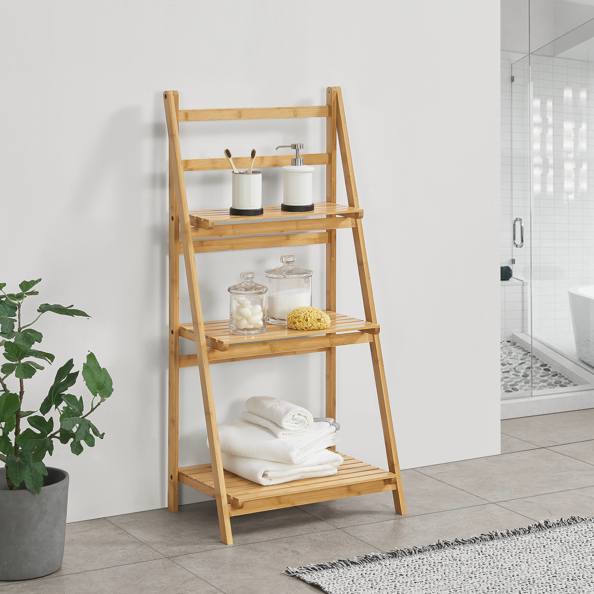 foto del prodotto scaffale a scala 39 lapua 39 con 3 ripiani mobile pieghevole in bamb per cucina bagno en.casa 