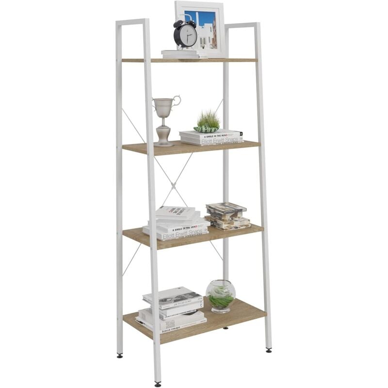 foto del prodotto scaffale a scala libreria portaoggetti in legno acciaio con 4 ripiani legno bianco woltu
