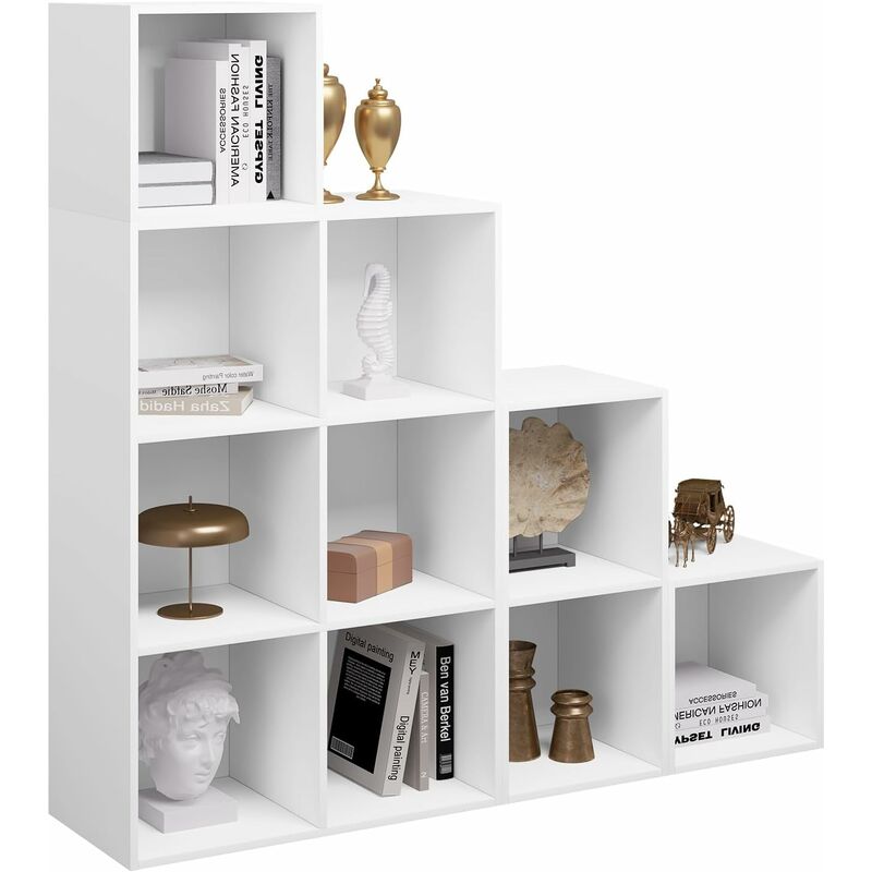 foto del prodotto scaffale a scala, mobile portaoggetti con 10 cubi, armadio di legno, scaffale autoportante per studio, 120x30x120cm, bianco woltu