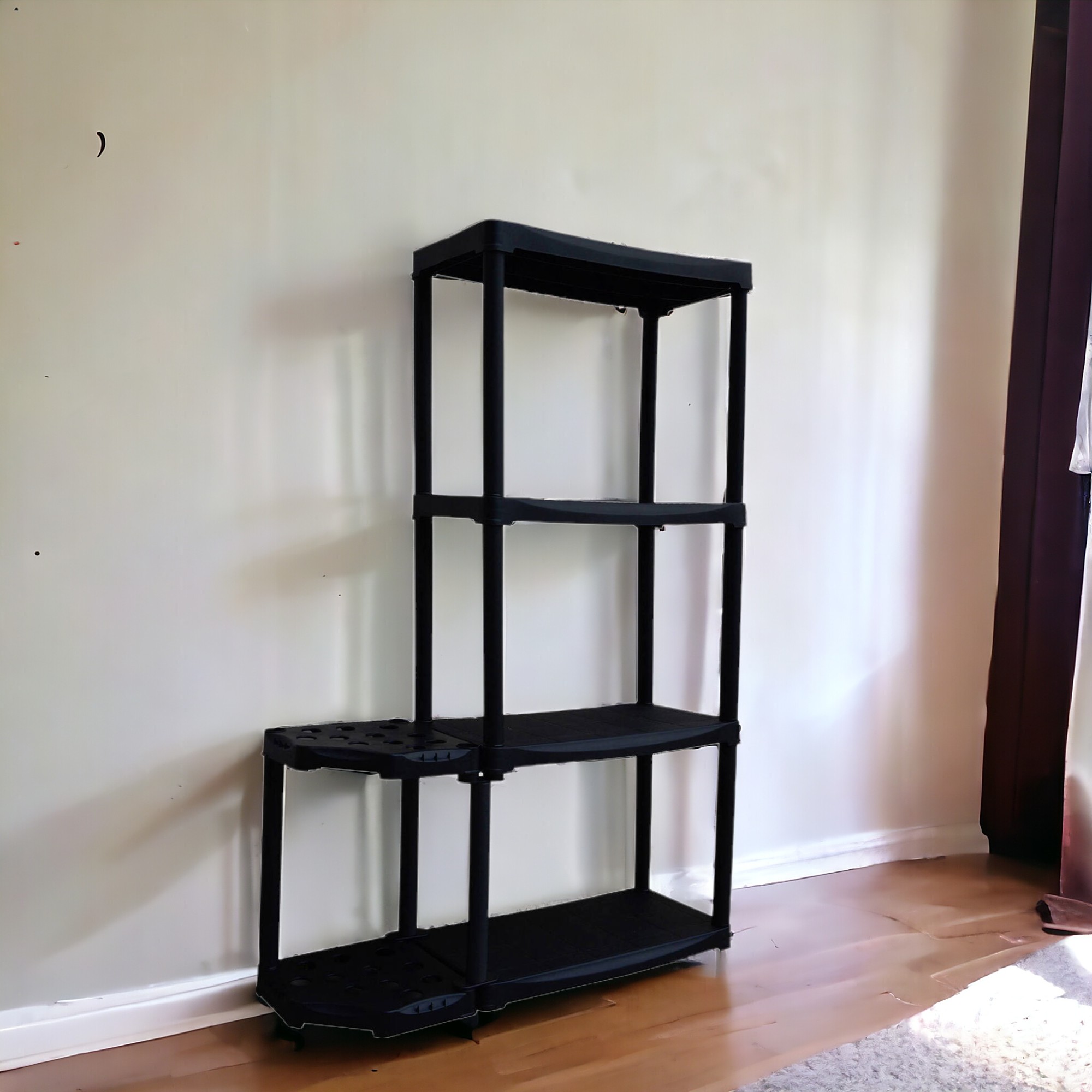 foto del prodotto scaffale ad angolo reversibile con portascope in blanca, scaffalatura per interno o esterno, 100% made in italy, cm 90x30h133, colore antracite
