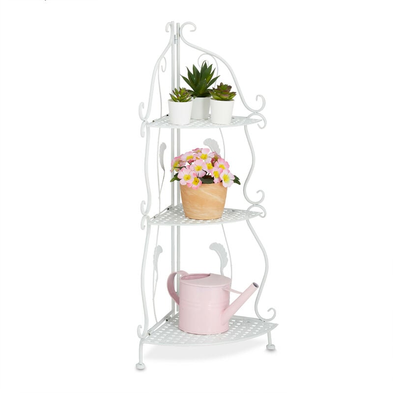 foto del prodotto scaffale angolare portafiori in acciaio, 3 ripiani pieghevoli, portavasi piante e fiori, 82,5x30x30 cm, bianco relaxdays