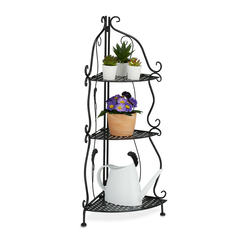 foto del prodotto scaffale angolare portafiori in acciaio, 3 ripiani pieghevoli, portavasi piante e fiori, 82,5x30x30 cm, nero relaxdays