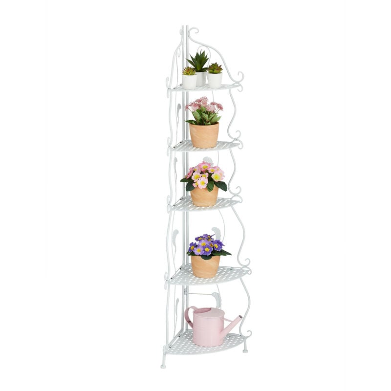 foto del prodotto scaffale angolare portafiori in acciaio, 5 ripiani pieghevoli, portavasi piante e fiori, 136x30x30 cm, bianco relaxdays