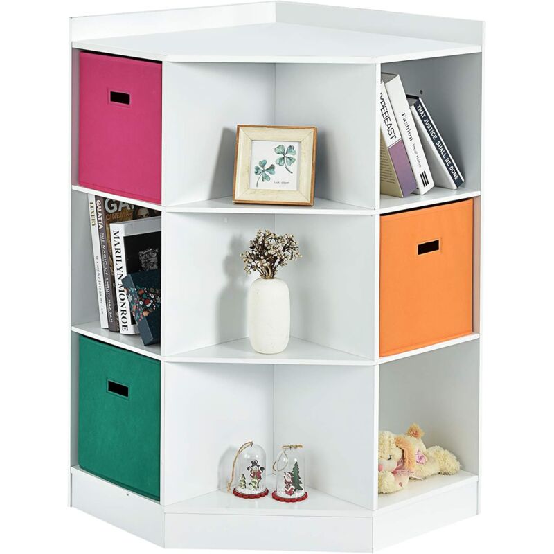 foto del prodotto scaffale angolare, scaffale ad angolo con tre cestini colorati e 9 ripiani, per casa, soggiorno e camera da letto, 81x 61 x 94cm bianco costway