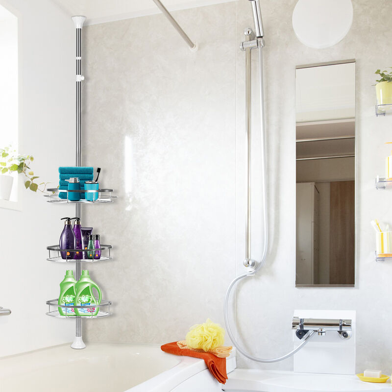 foto del prodotto scaffale angolare telescopico da bagno regolabile in altezza 110 280 cm 3 ripiani argentato mensola doccia portasapone