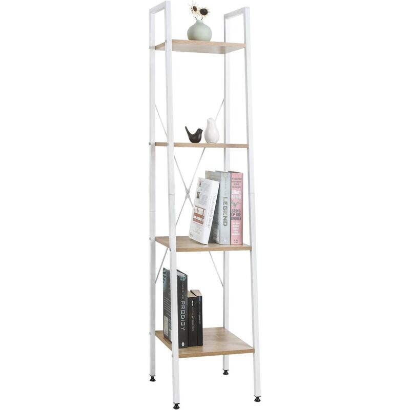 foto del prodotto scaffale angolo 4 ripiani per studio ufficio mensole in legno porta piante legno bianco woltu