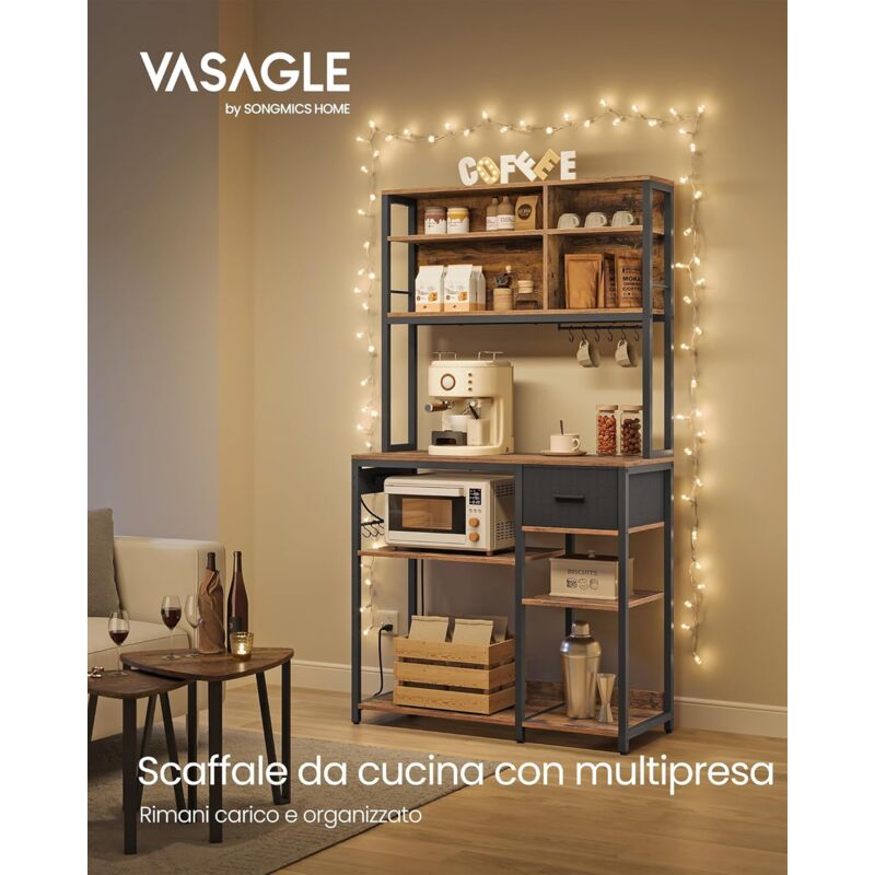 foto del prodotto scaffale cucina con multipresa, mobile cucina con ripiani regolabili, cassetto in tessuto, 12 ganci, 40 x 100 x 180,4 cm, scaffale per microonde,
