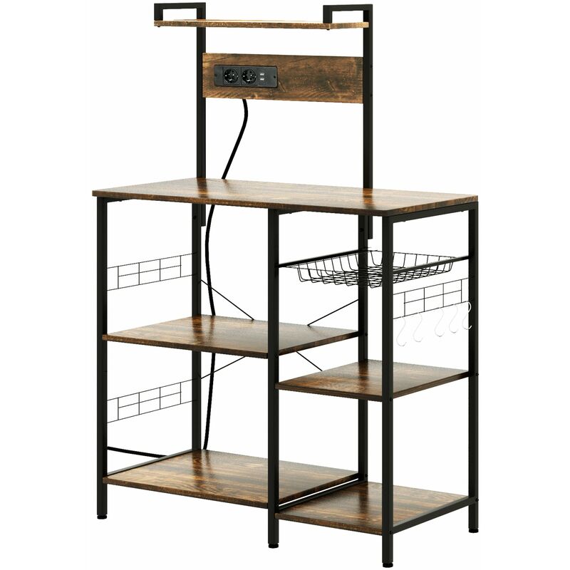 foto del prodotto scaffale cucina con multopresa 90x42x130 cm in legno e acciaio marrone rustico