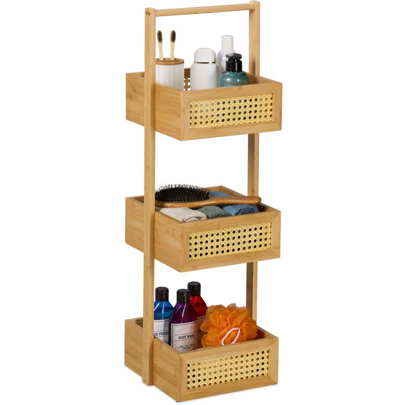 foto del prodotto scaffale da bagno e cucina, mobile stretto hlp 65x22x22 cm, colonna a 3 ripiani, salvaspazio, bamb e rattan relaxdays