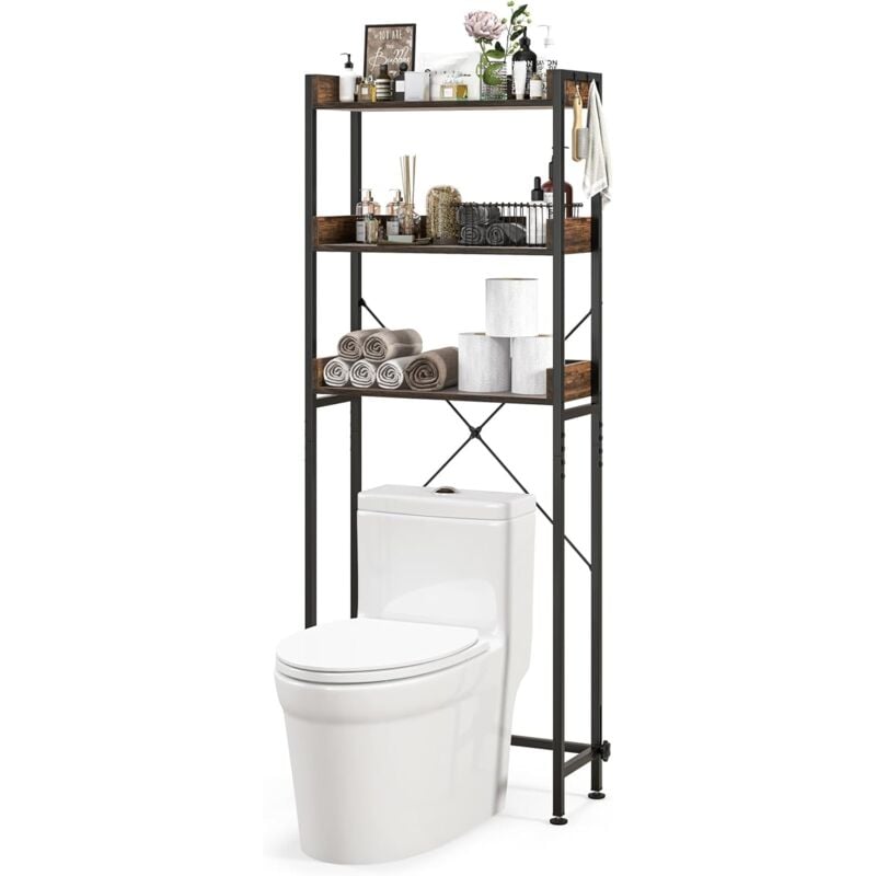 foto del prodotto scaffale da bagno, organizzatore da bagno sopra il water, dispositivo antiribaltamento, pannello impermeabile, struttura metallica salvaspazio