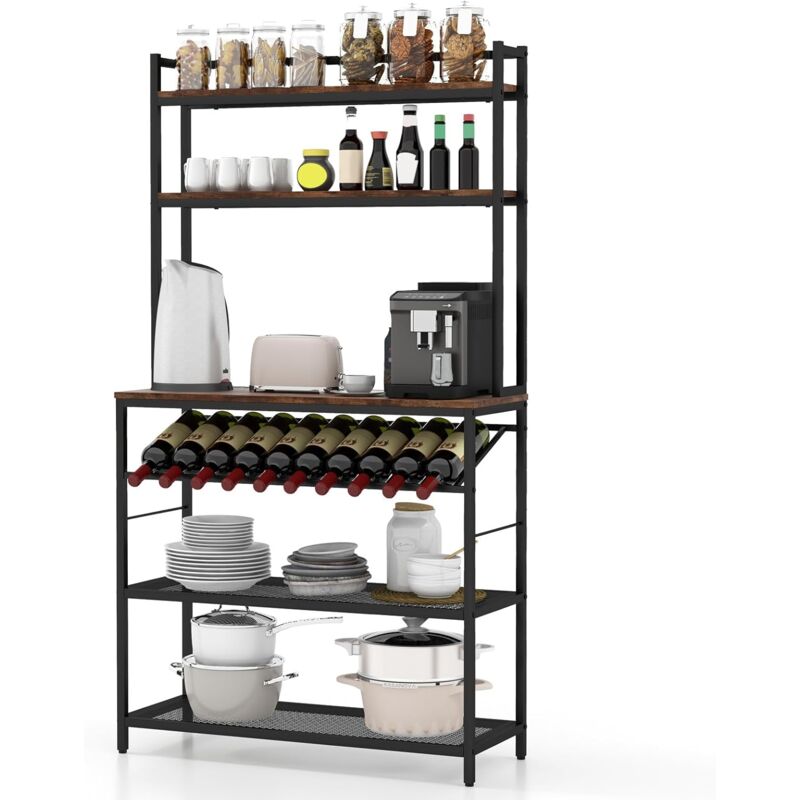 foto del prodotto scaffale da cucina a 6 livelli, portabottiglie vino inclinato, carico 125kg, 2 ripiani a maglia, per cucina, sala da pranzo, stile industriale