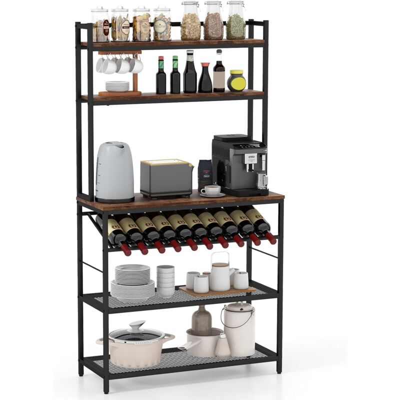 foto del prodotto scaffale da cucina a 6 ripiani con portabottiglie, scaffale porta microonde con portabottiglie inclinato e 2 ripiani in rete, per cucina, sala da