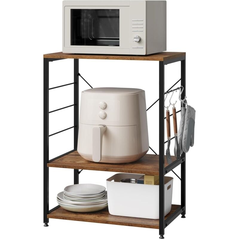 foto del prodotto scaffale da cucina, carrello di servizio con 3 ripiani, scaffale per microonde, forno, tostapane, rustico+nero - woltu
