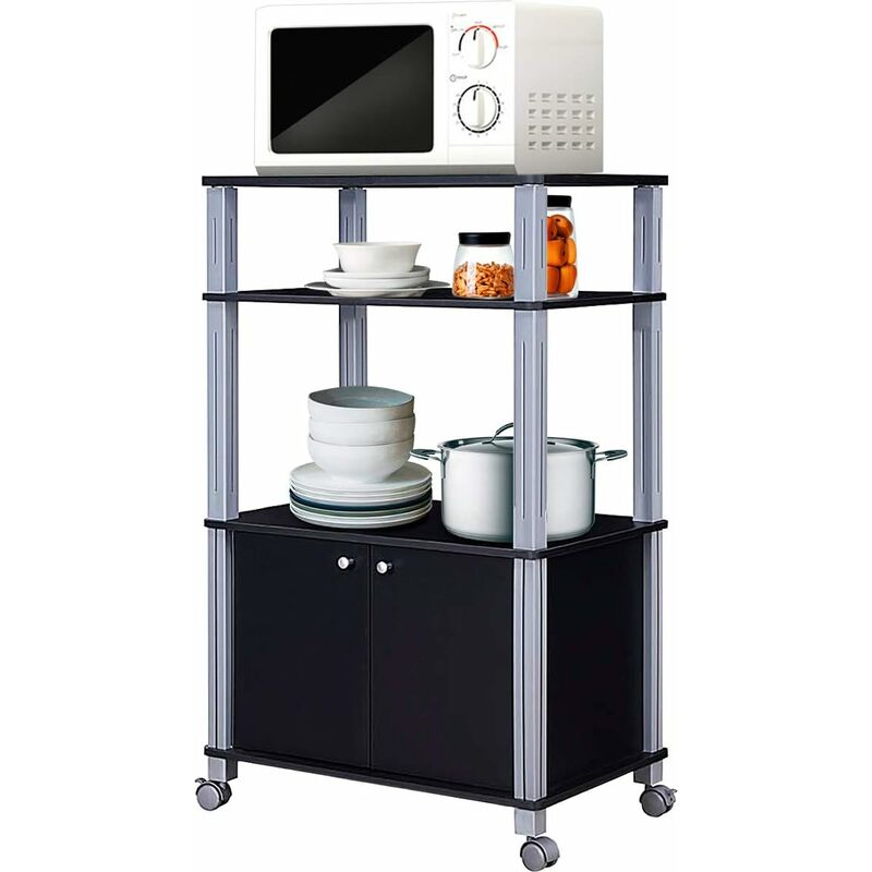 foto del prodotto scaffale da cucina per microonde carrello da cucina, con ruote e 2 ante, multifunzionale e movimento flessibile, 60x40x98 cm nero costway