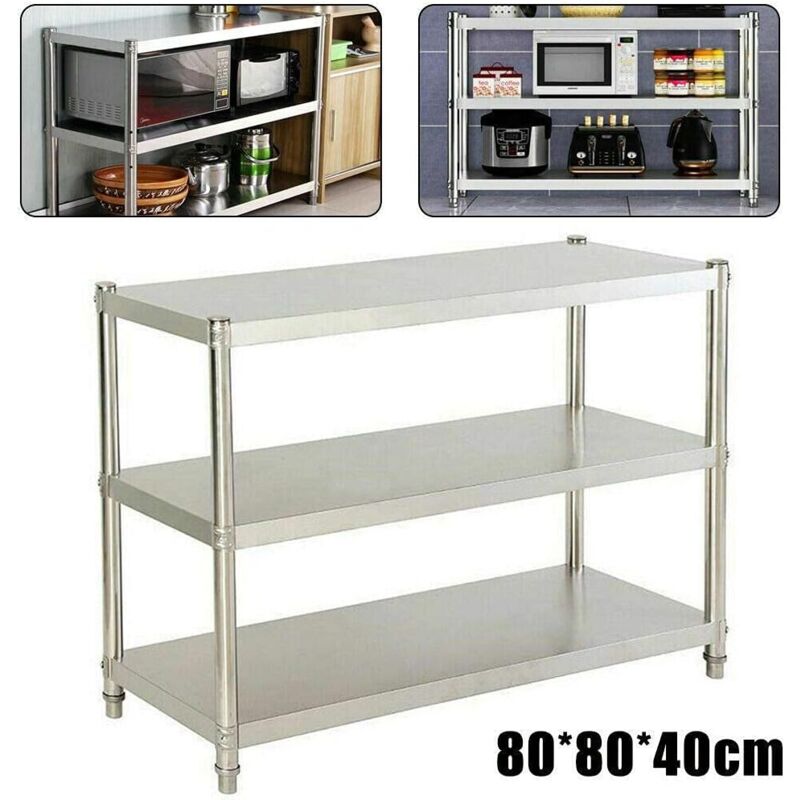 foto del prodotto scaffale da cucina per spezie, 3 ripiani, 80 x 80 x 40 cm, in acciaio inox, per gastronomia e microonde, scaffale per carichi pesanti