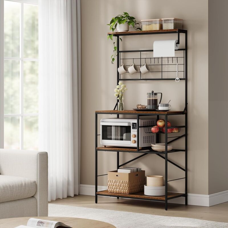 foto del prodotto scaffale da cucina, scaffale da panetteria, portaoggetti a 4 ripiani con 10 ganci, per microonde, 80x40x168cm, marrone rustico nero - woltu