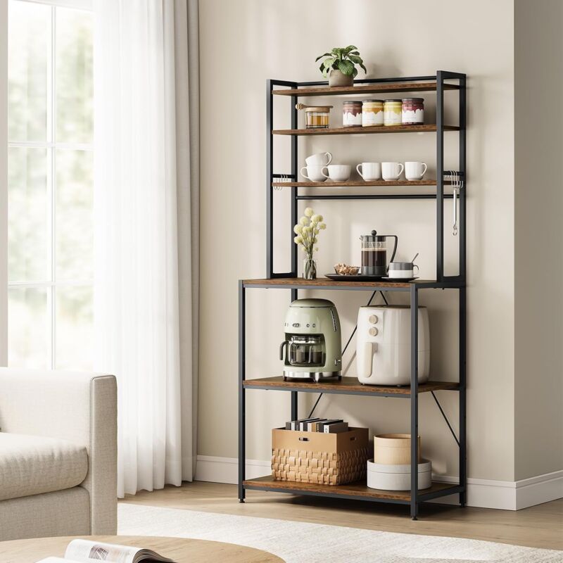 foto del prodotto scaffale da cucina,scaffale da panetteria, portaoggetti a 6 ripiani con 6 ganci, per microonde, 80x40x167cm, marrone rustico nero - woltu