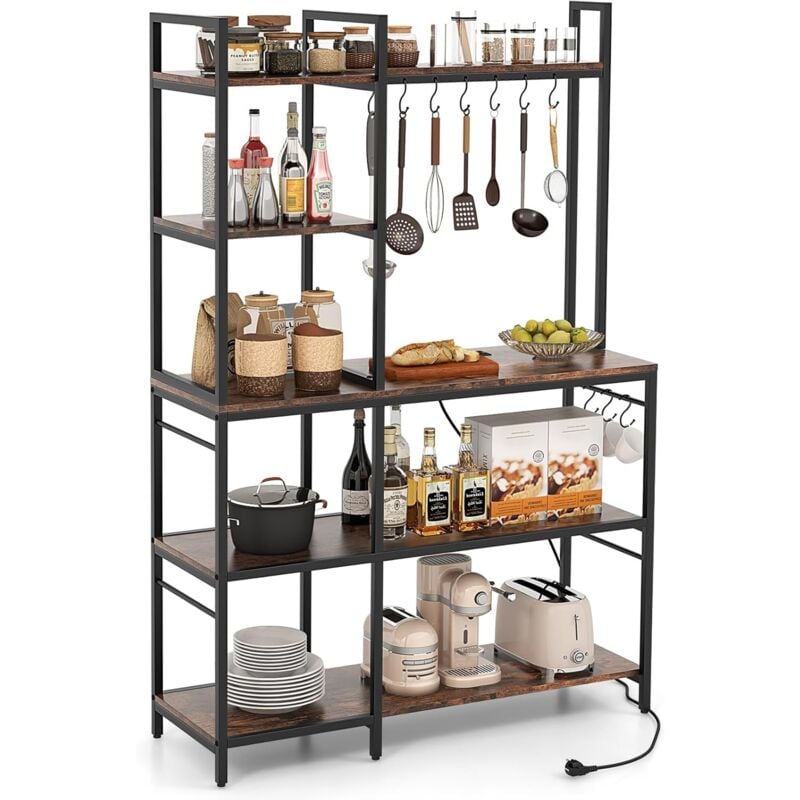 foto del prodotto scaffale da cucina su 5 ripiani, scaffale per microonde con multipresa, mensola da cucina struttura in metallo con 10 ganci, per sala pranzo e