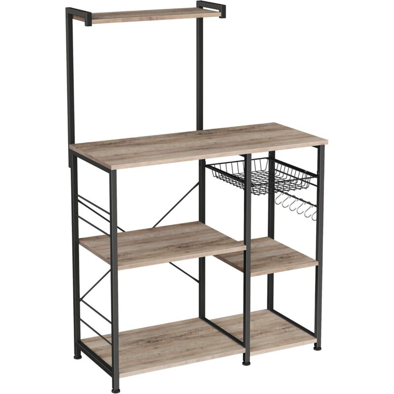 foto del prodotto scaffale da cucina, supporto per forno a microonde con ripiani, cesti in filo metallico, 6 ganci a s, organizzatore per spezie, pentole e padelle,