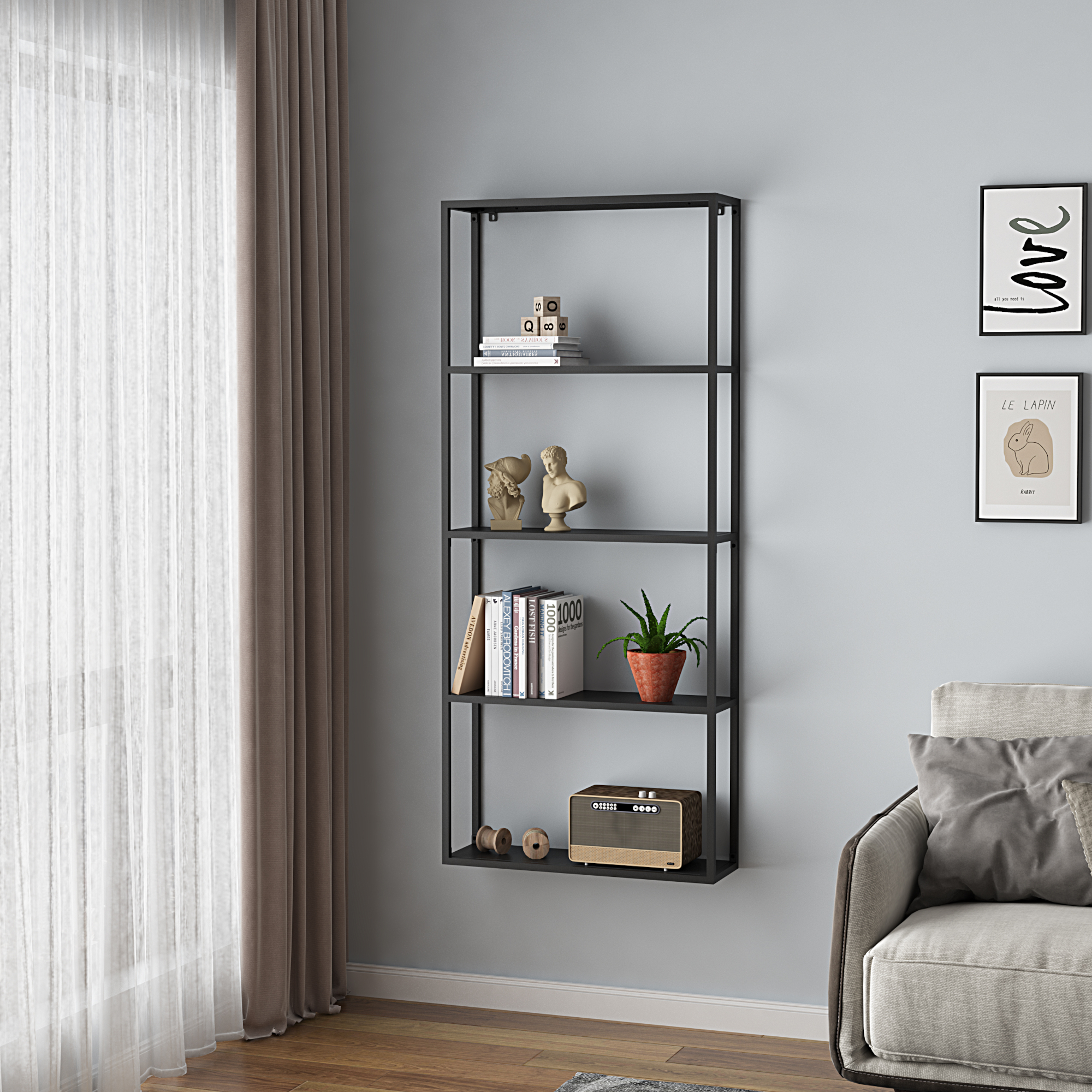 foto del prodotto scaffale da parete j mij rvi in acciaio con scomparti aperti 140 x 60 x 18 cm nero, opaco en.casa 