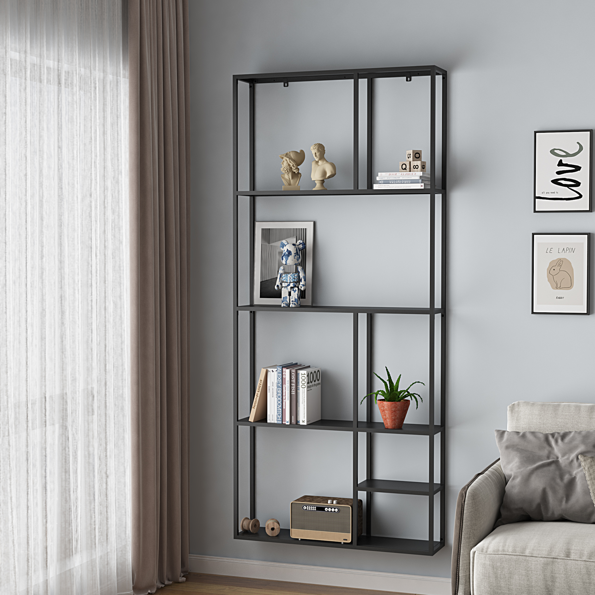 foto del prodotto scaffale da parete j mij rvi in acciaio con scomparti aperti 180 x 80 x 18 cm nero, opaco en.casa 