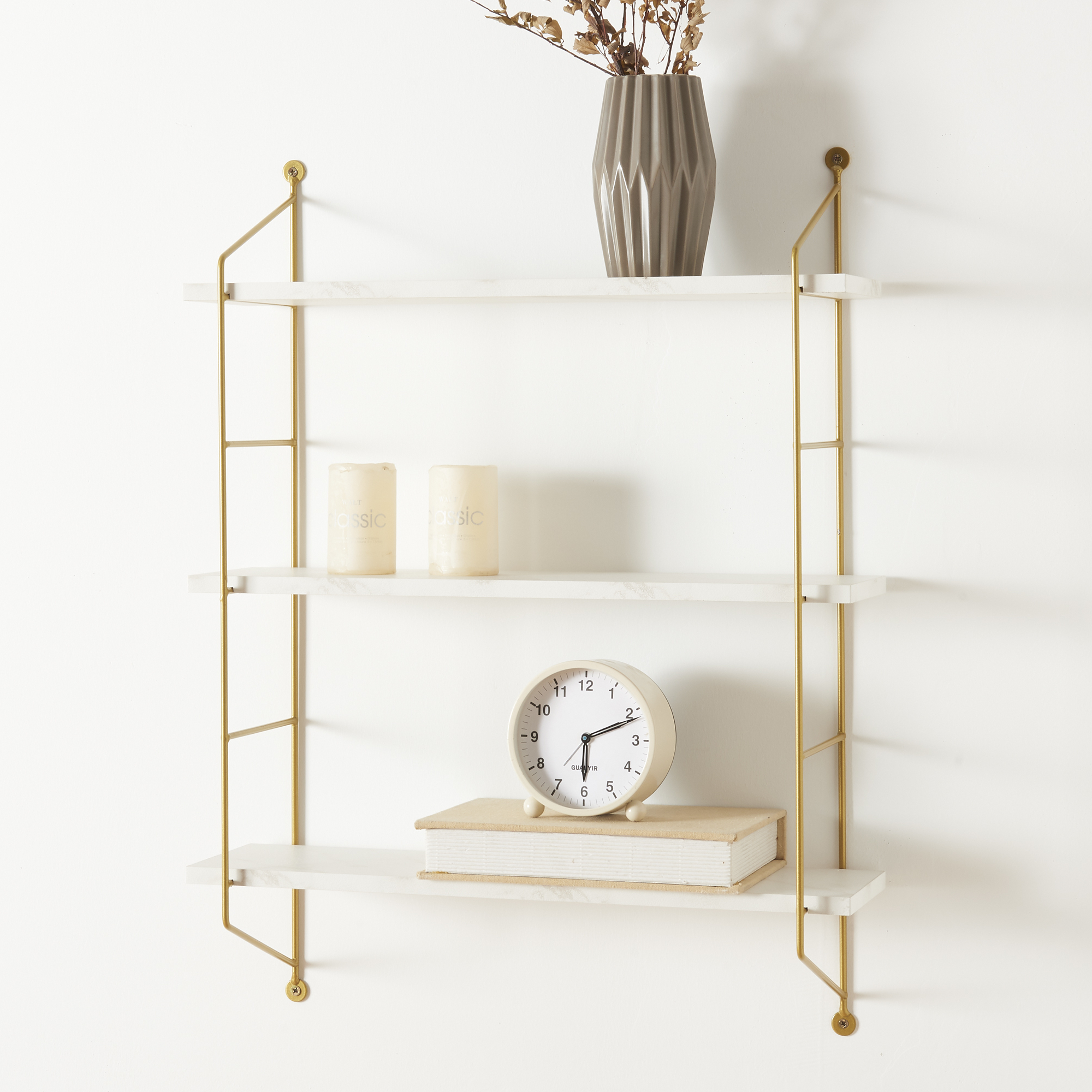 foto del prodotto scaffale da parete sel a 3 ripiani regolabili 48 x 15 x 63.5 cm effetto marmo bianco oro en.casa 