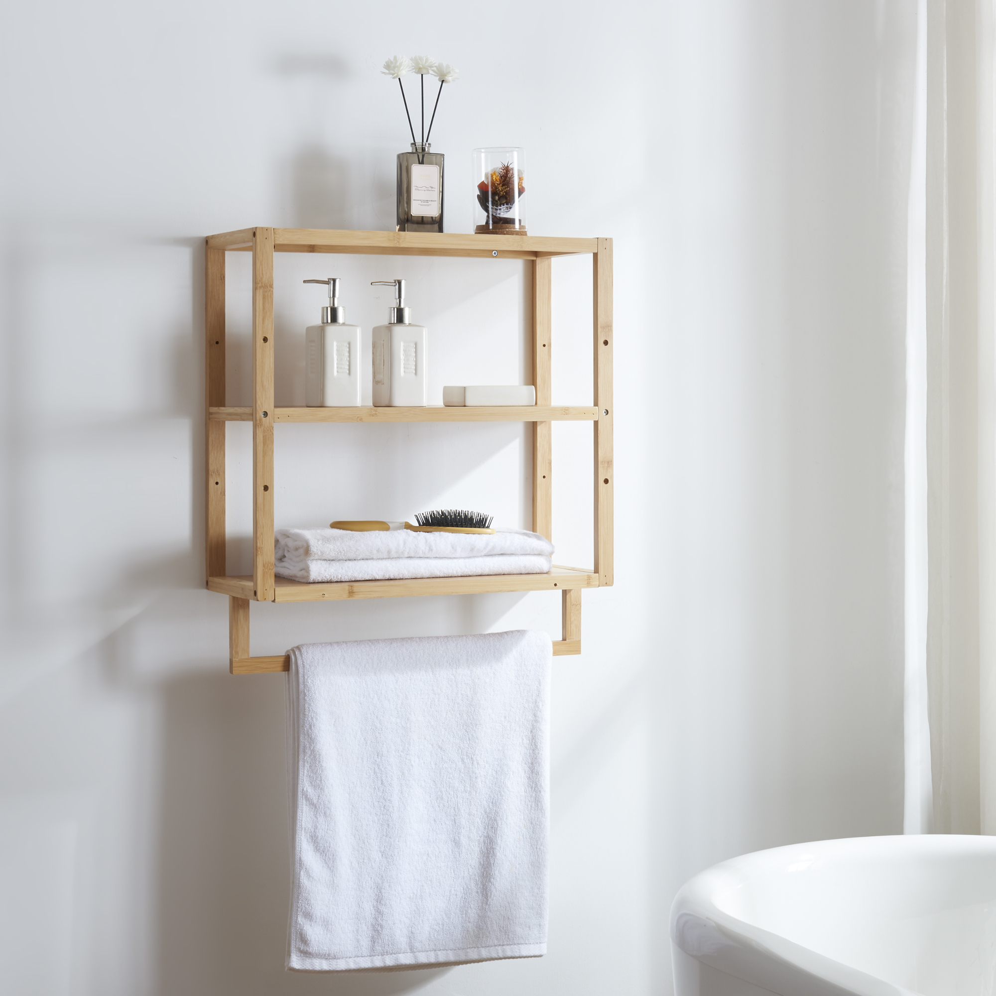 foto del prodotto scaffale da parete stra con portasalviette 58,5 x 52 x 21 cm bamb naturale en.casa 