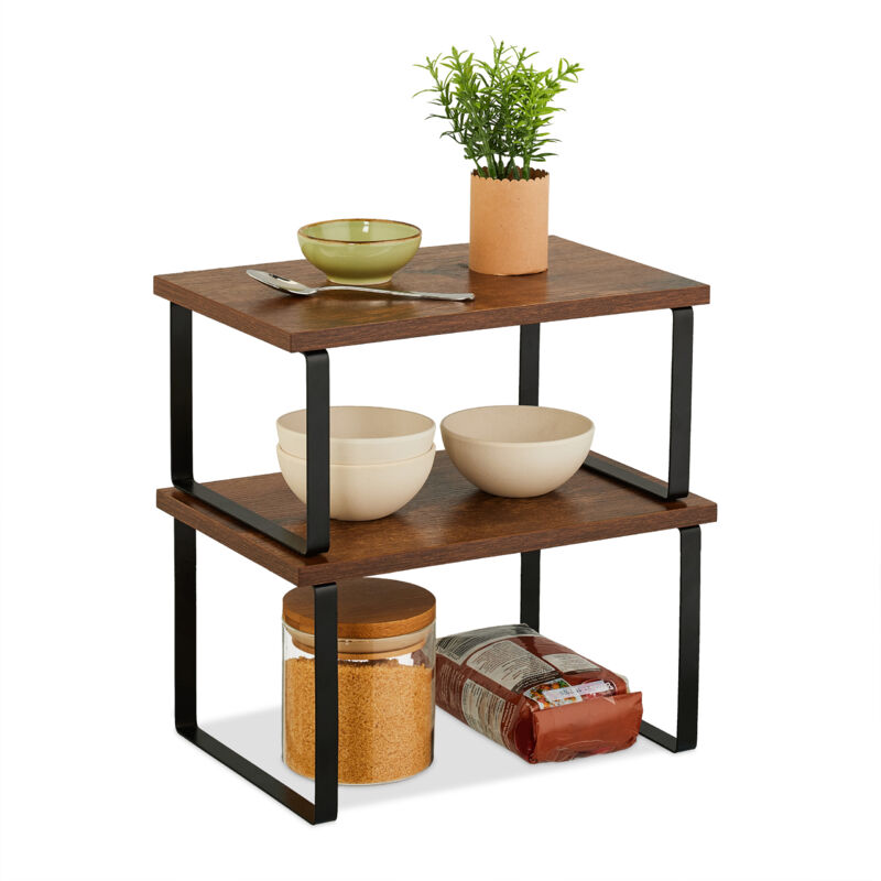foto del prodotto scaffale da tavolo portaspezie, set 2 alzatine organizer cucina, ripiani salvaspazio, impilabili, marrone nero relaxdays