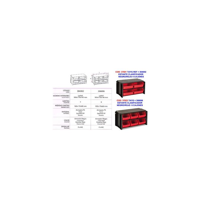 foto del prodotto scaffale di smistamento nero e rosso con 4 cassetti 304002