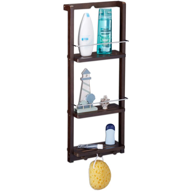 foto del prodotto scaffale doccia da appendere 3 ripiani, mensola doccia in bamb con gancio, hlp 70x28,5x10 cm, marrone scuro relaxdays