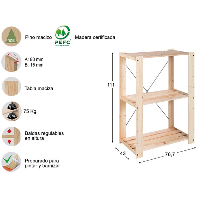 foto del prodotto scaffale evolution 3 111x76,7x43cm in pino massiccio astigarraga