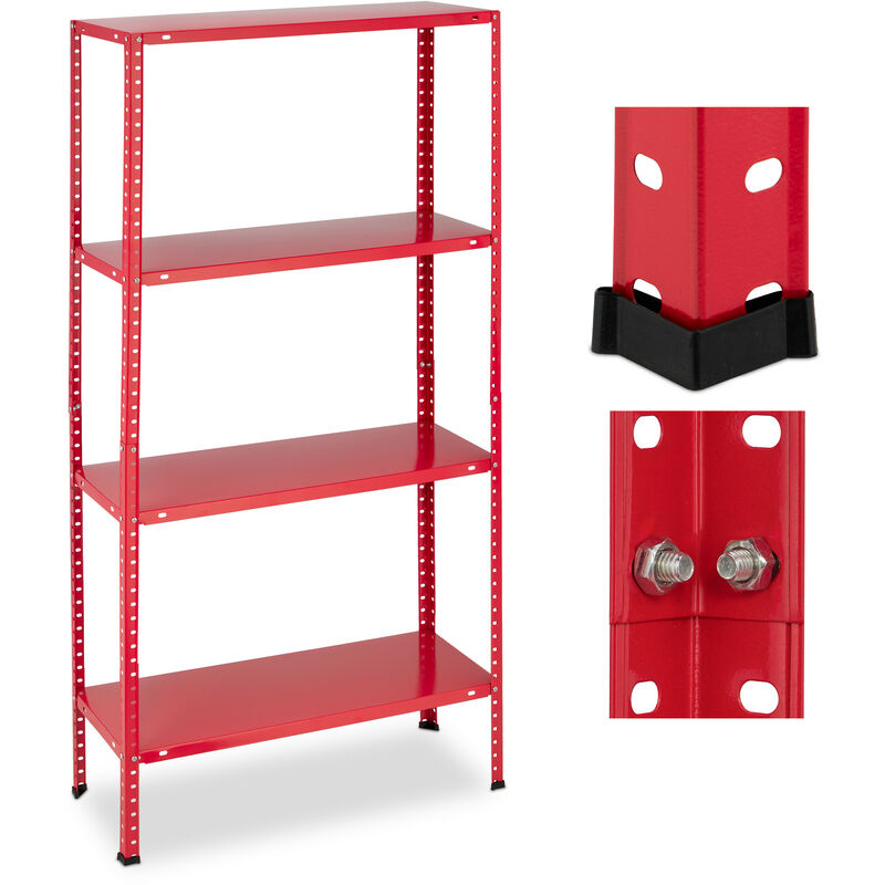 foto del prodotto scaffale in acciaio, hxlxp 147,5 x 75,5 x 30,5 cm, carico 160 kg, con 4 ripiani, per garage e cantina, rosso relaxdays