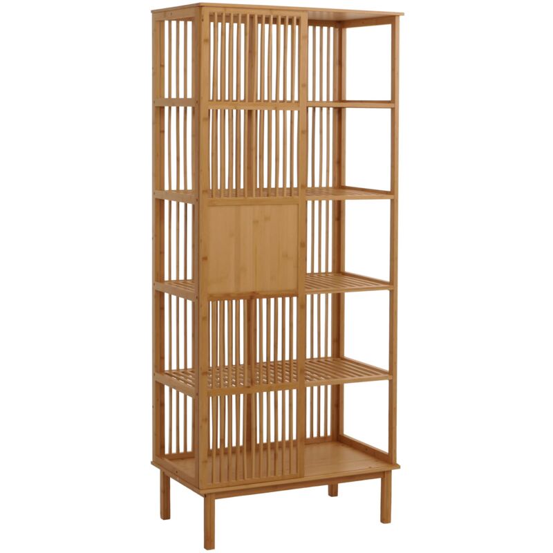 foto del prodotto scaffale in bamb hhg 588, mobile da bagno armadietto cassettiera, 5 ripiani porta scorrevole mvg 186x80x45cm