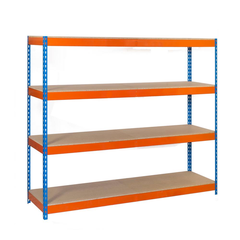 foto del prodotto scaffale in metallo simon rack senza viti colore blu arancio legno 4 ripiani 2000x1500x600 mm made in spain