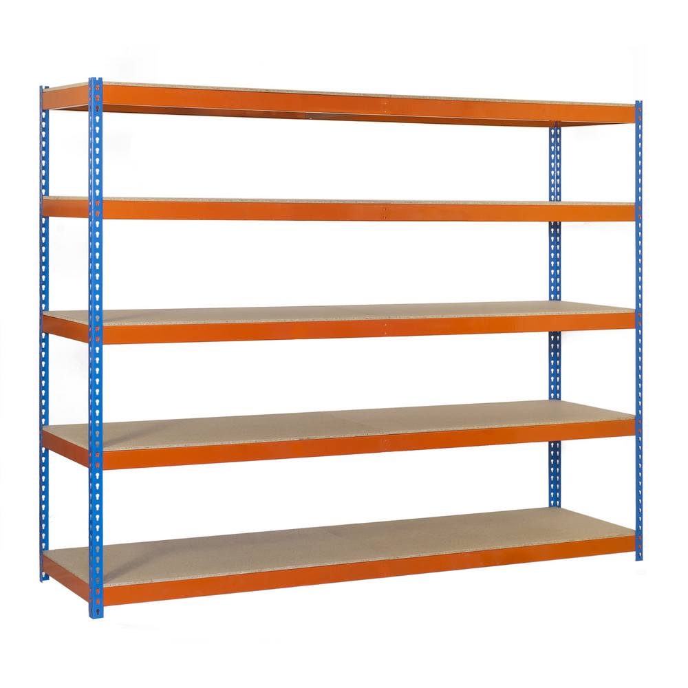 foto del prodotto scaffale in metallo simon rack senza viti colore blu arancio legno 5 ripiani 2000x1500x600 mm made in spain