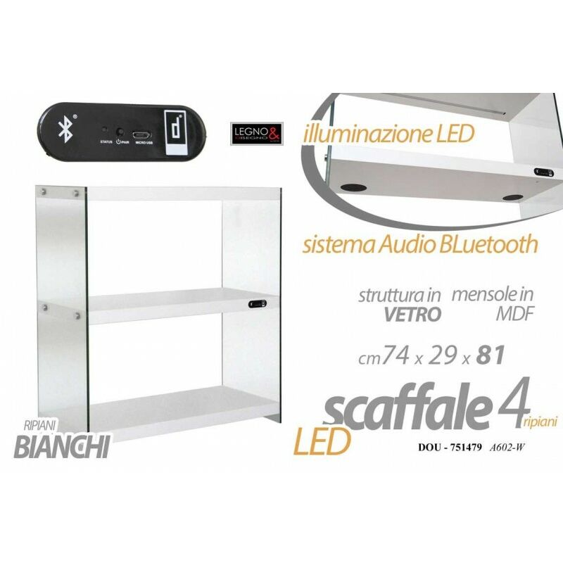 foto del prodotto scaffale in vetro e mdf a led con bluetooth bianco cm 74 x 29 x 81 h