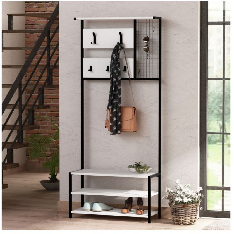 foto del prodotto scaffale ingresso appendiabiti in metallo nero con particolari bianco nomad