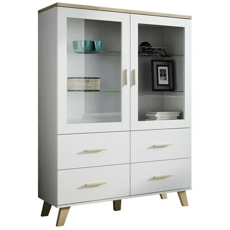 foto del prodotto scaffale larfloi 110, bianco sonoma quercia, con cassetti, con porte, chiuso, vetro temperato, truciolare laminato, il numero di porte 0, numero