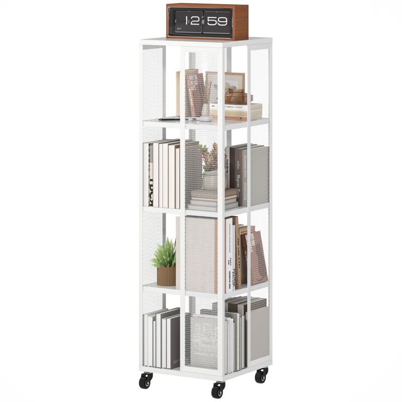 foto del prodotto scaffale libreria a 4 ripiani in metallo con ruote, 35x35x129 cm, bianco homcom