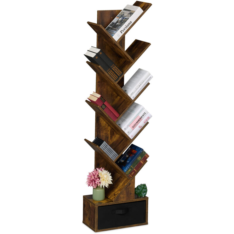 foto del prodotto scaffale libreria, mobile stretto da terra con 9 ripiani ad albero per libri, cd e dvd, 146x38x22 cm, marrone relaxdays
