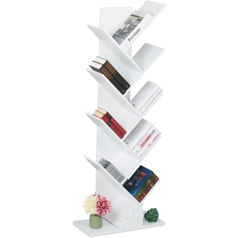foto del prodotto scaffale libreria, mobile stretto da terra con 9 ripiani ad albero per libri, cd, hlp 146x38x22 cm, bianco relaxdays