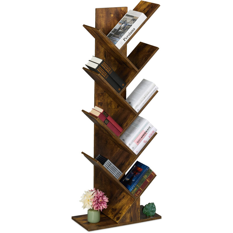 foto del prodotto scaffale libreria, mobile stretto da terra con 9 ripiani ad albero per libri, cd, hlp 146x38x22 cm, marrone relaxdays