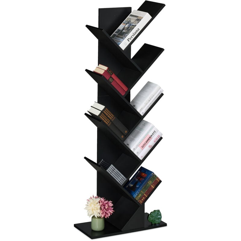 foto del prodotto scaffale libreria, mobile stretto da terra con 9 ripiani ad albero per libri, cd, hlp 146x38x22 cm, nero relaxdays