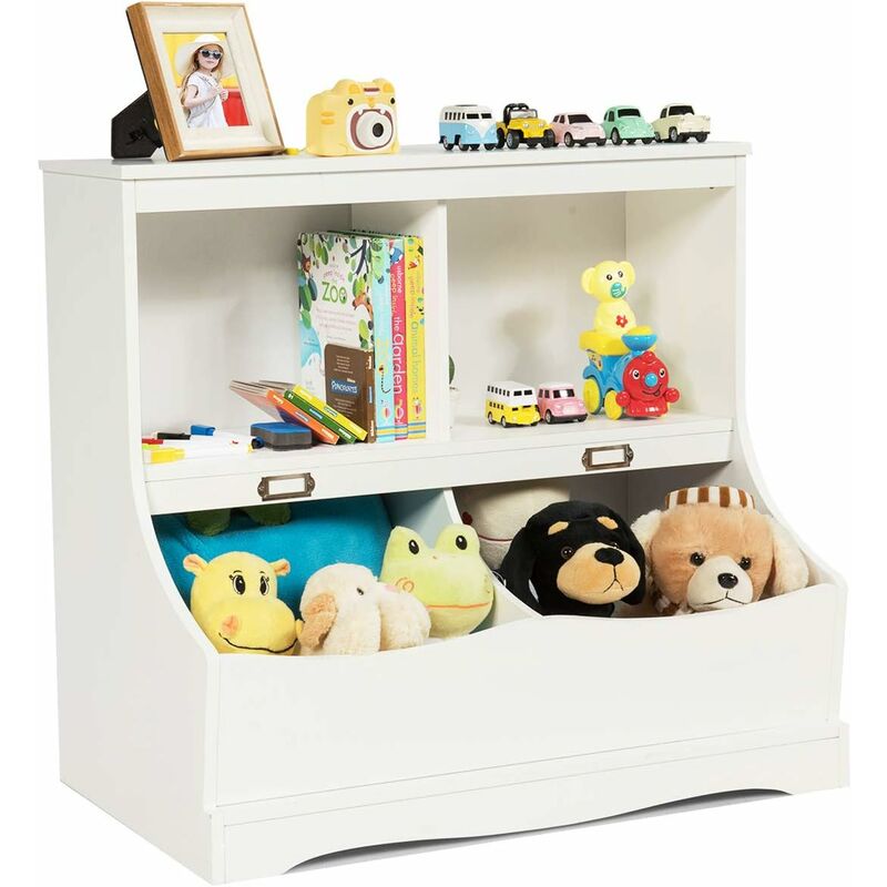 foto del prodotto scaffale libreria organizer porta giocattoli, con 2 scomparti e 2 contenitori, libreria multiuso con pedana, per camera dei bambini, bianco
