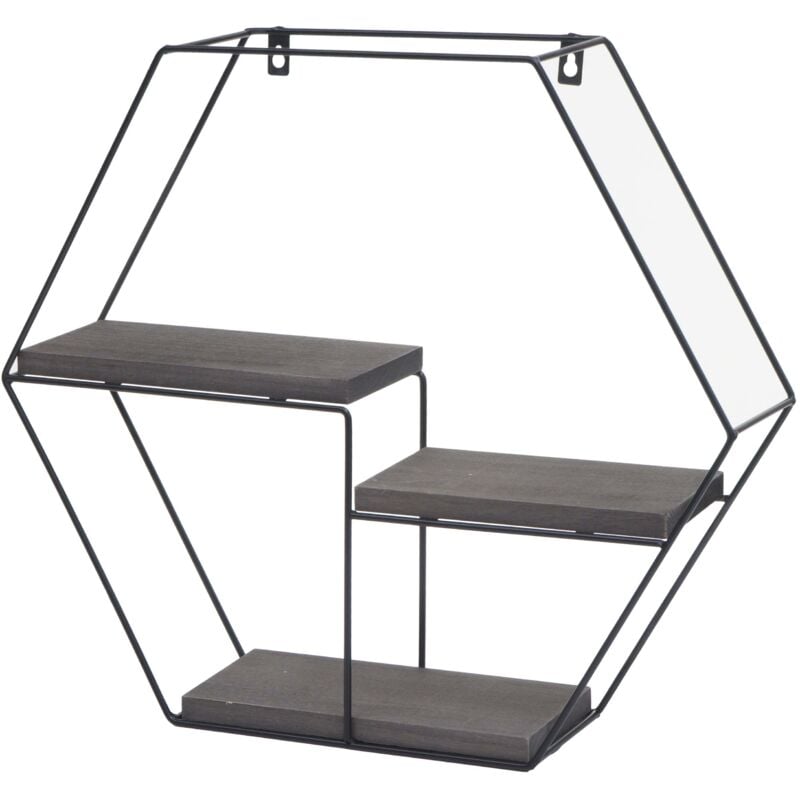 foto del prodotto scaffale mensola portaoggetti pensile 3 ripiani hhg 608 esagonale 43x49x11cm ferro verniciato legno grigio scuro