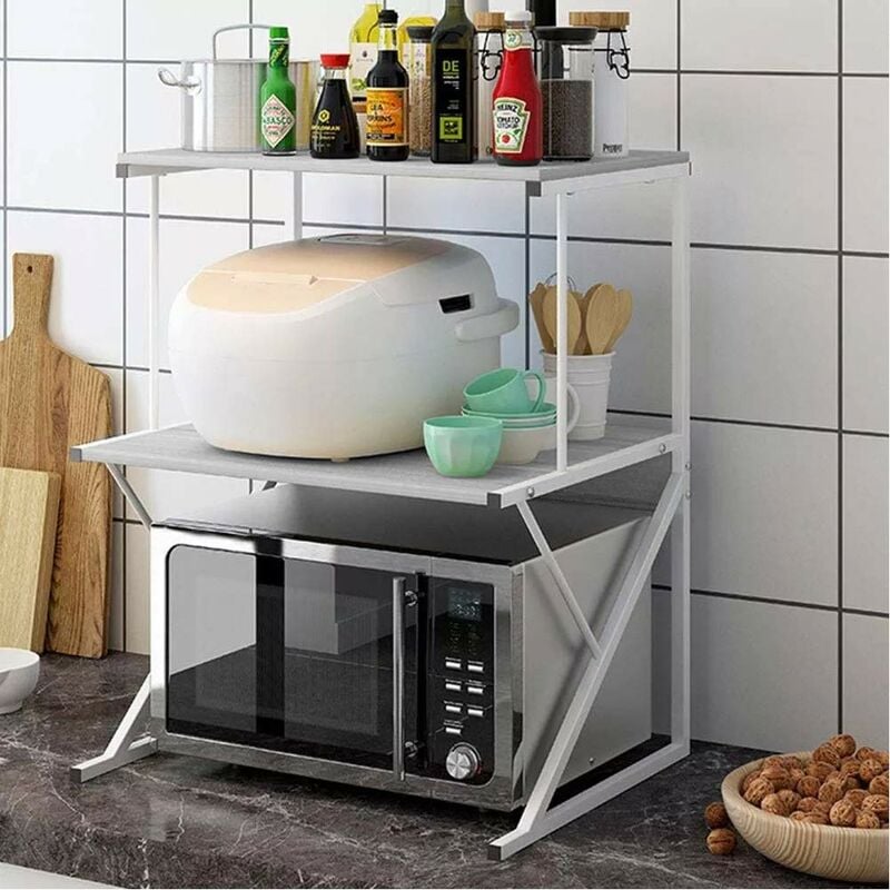 foto del prodotto scaffale mensole cucina mobiletto porta microonde 2 ripiani metallo legno bianco